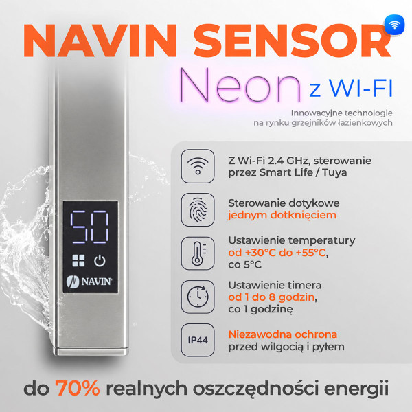 Elektryczny grzejnik łazienkowy NIERDZEWNY AVANGARD Sensor 480×1200, lewy, Wi-Fi