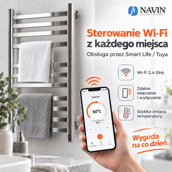 Elektryczny grzejnik łazienkowy NIERDZEWNY AVANGARD Sensor 480×1200, lewy, Wi-Fi