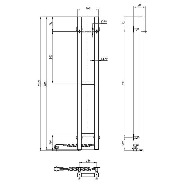 Stainless Steel Electric Towel Rail SILOUETTE QUADRO 160x1000 right