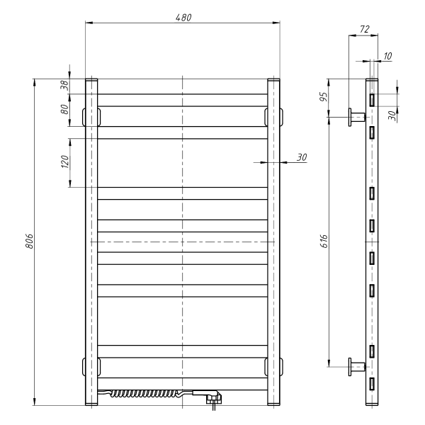 Electric Towel Rail BLACK AVANGARD 480х800 left