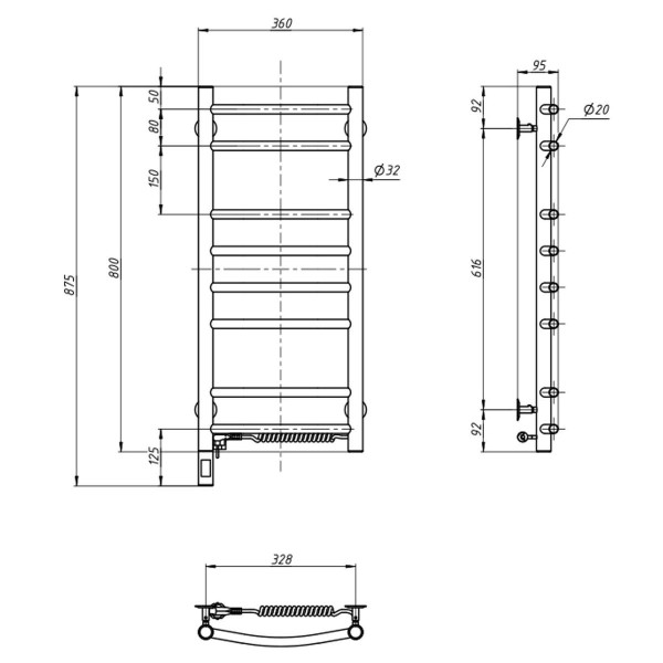 Grzejnik łazienkowy elektryczny Camellia 360х800 Sensor prawy, timer