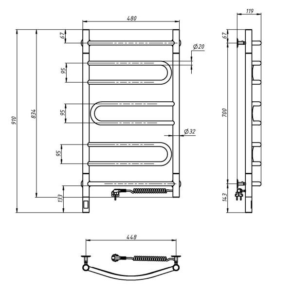 Elektryczny grzejnik łazienkowy NAVIN NIERDZEWNY PIROUETTE Sensor 480х800 prawy