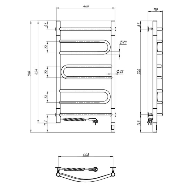 Elektryczny Grzejnik Łazienkowy NIERDZEWNY PIROUETTE Sensor 480х800 lewa