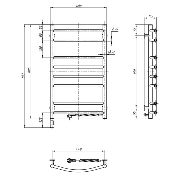 Grzejnik łazienkowy elektryczny Camellia 480х800 Sensor prawy, timer, biały