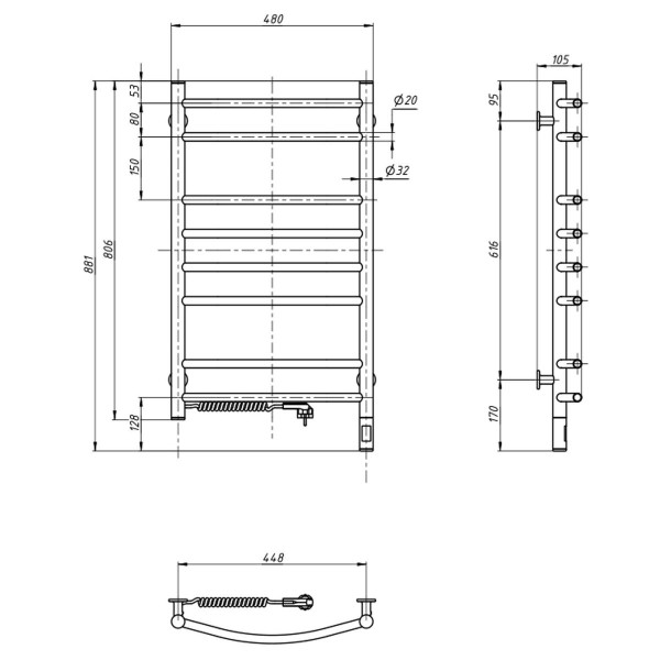 Electric Towel Rail WHITE CAMELLIA Sensor 480х800 left