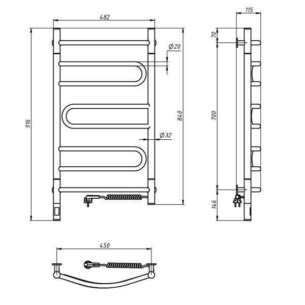 Electric Towel Rail WHITE PIROUETTE Sensor 480х800 right