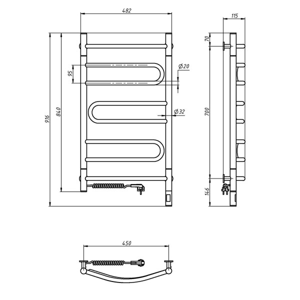 Electric Towel Rail WHITE PIROUETTE Sensor 480х800 left