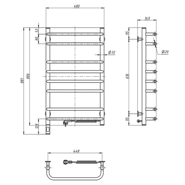 Electric Towel Rail WHITE SYMPHONIA Sensor 480х800 right