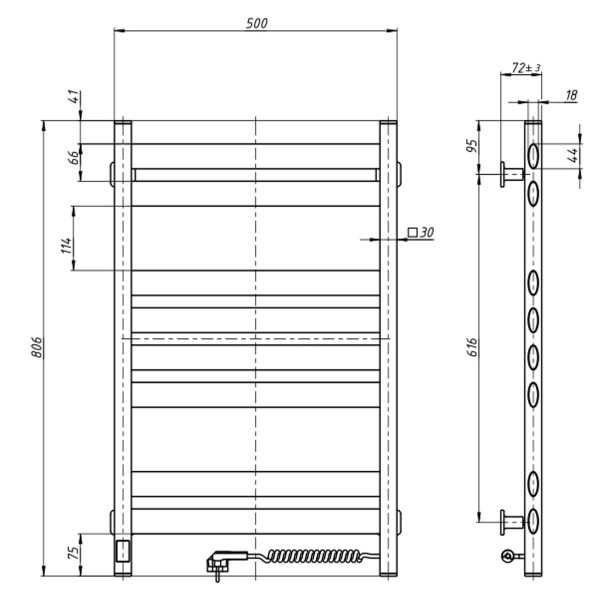 Electric Towel Rail BLACK ELLIPSE Sensor 500х800 right