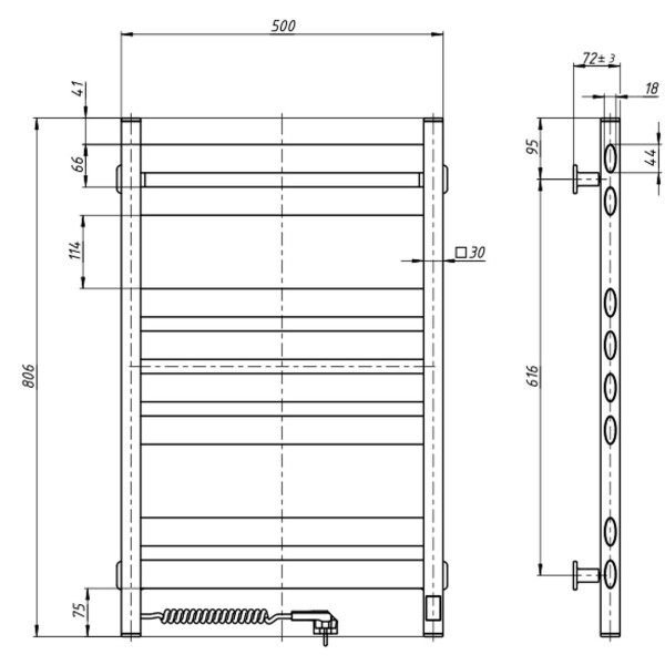 Electric Towel Rail BLACK ELLIPSE Sensor 500х800 left