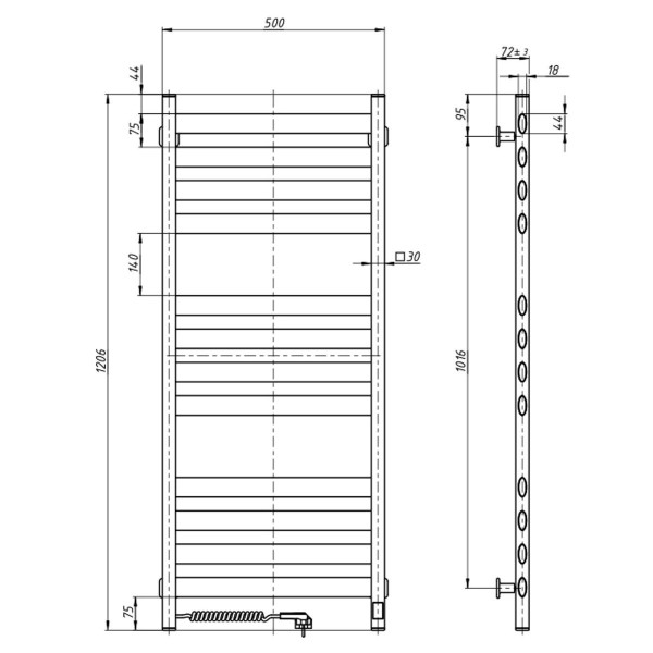 Electric Towel Rail BLACK ELLIPSE Sensor 500х1200 left