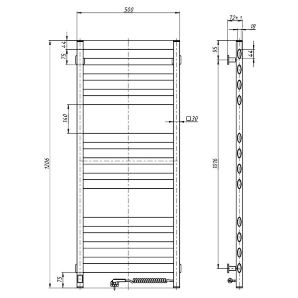 Electric Towel Rail BLACK ELLIPSE Sensor 500x1200 right