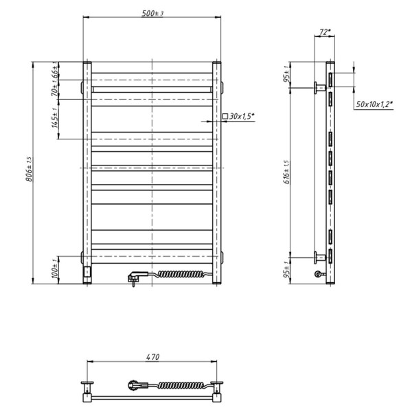 Electric Towel Rail BLACK LARGO Sensor 500х800 right