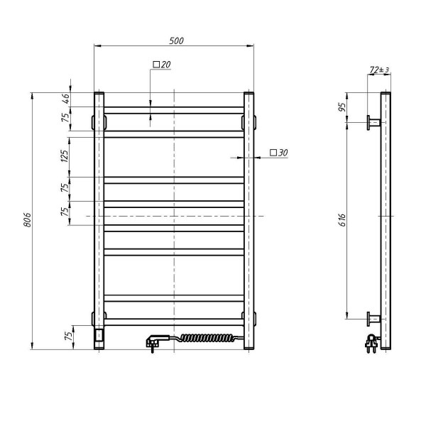 Electric Towel Rail WHITE LOFT Sensor 500x800 right