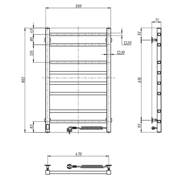 Stainless Steel Electric Towel Rail LOFT Sensor 500x800 right