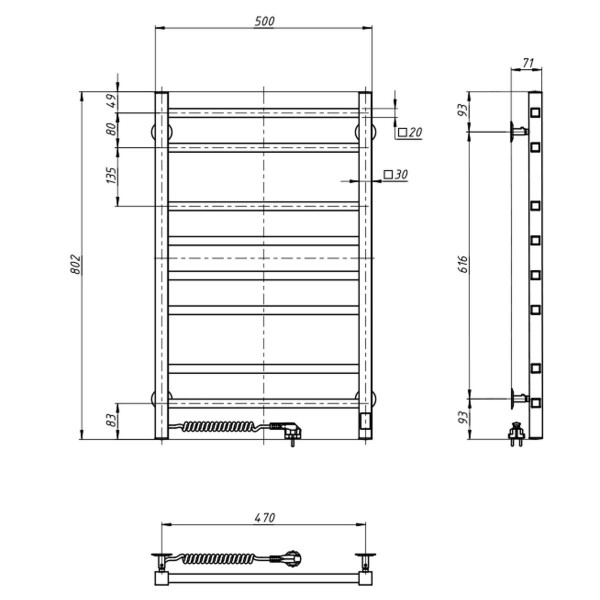 Stainless Steel Electric Towel Rail LOFT Sensor 500x800 left