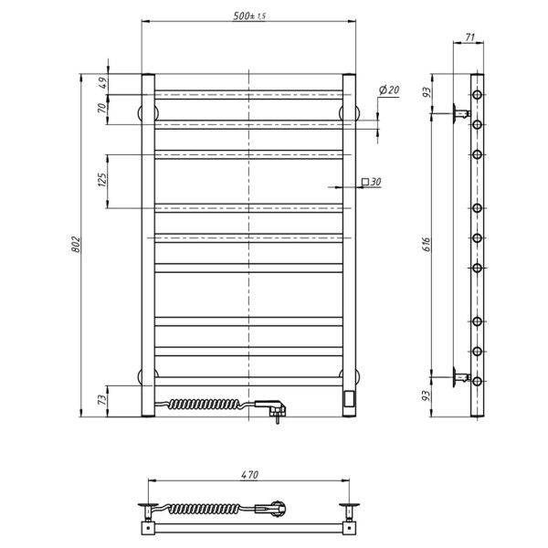 Stainless Steel Electric Towel Rail CLASSIC QUADRO Sensor 500x800 left