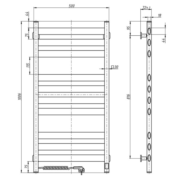 Electric Towel Rail BLACK ELLIPSE Sensor 500х1000 left