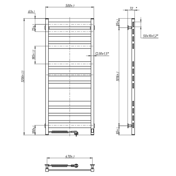 Electric Towel Rail BLACK LARGO Sensor 500х1200 left