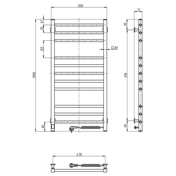 Elektryczny Grzejnik Łazienkowy BIAŁY Classic Quadro Sensor 500х1000 prawa