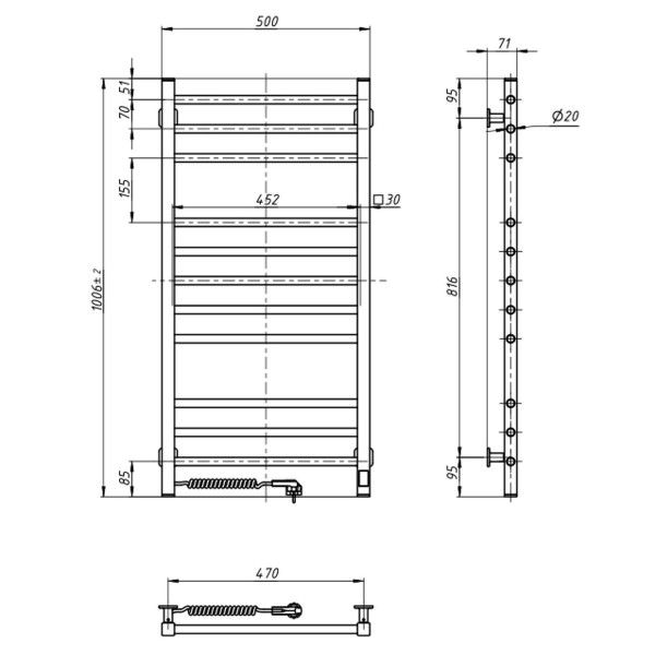 Electric Towel Rail WHITE CLASSIC QUADRO Sensor 500x1000 left