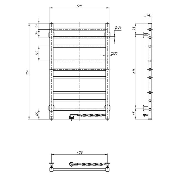 Electric Towel Rail WHITE CLASSIC QUADRO Sensor 500x800 right