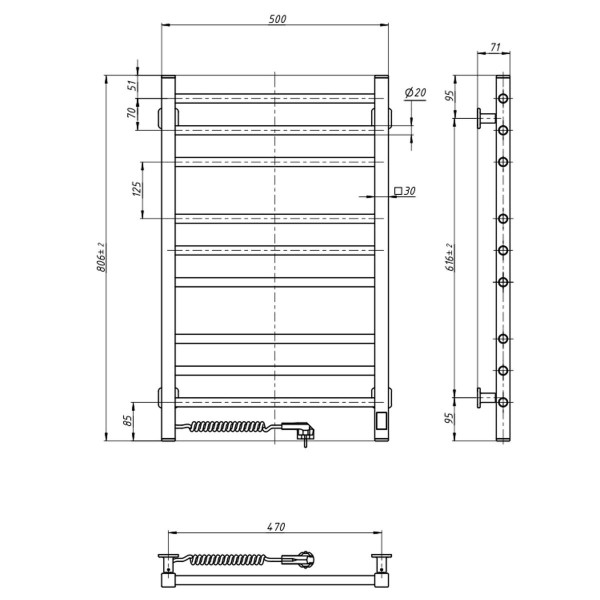 Grzejnik łazienkowy Classic Quadro 500х800 Sensor lewy, timer, biały