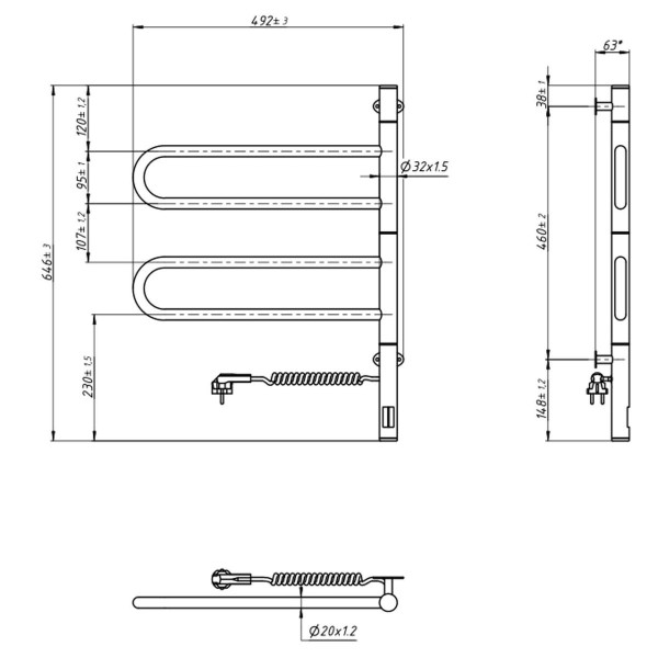 Electric Towel Rail WHITE FOUETTE Sensor 480х600