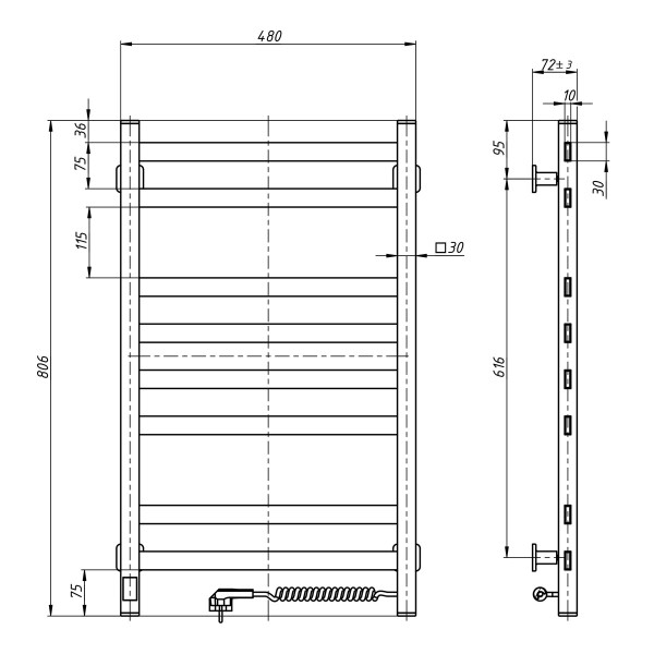 Stainless Steel Electric Towel Rail AVANGARD Sensor 480х800 left