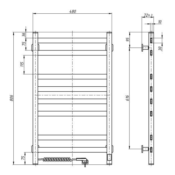 Elektryczny Grzejnik Łazienkowy BIAŁY AVANGARD Sensor 480х800 lewa