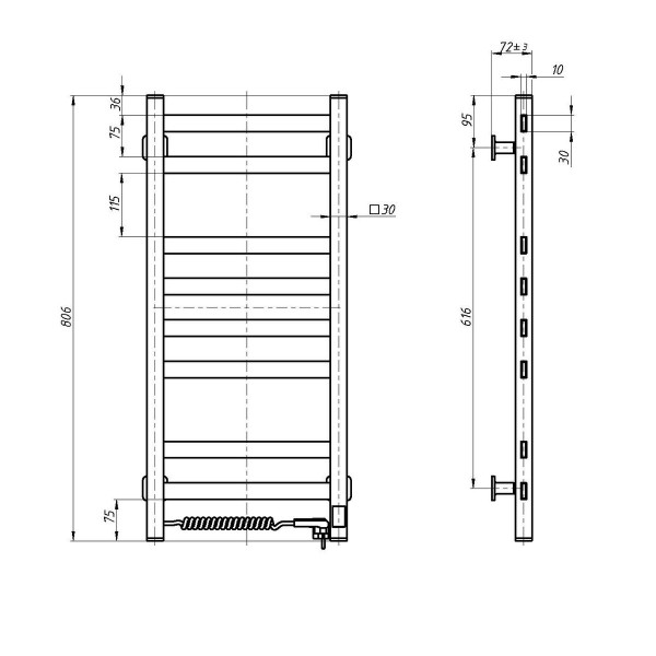 Stainless Steel Electric Towel Rail AVANGARD Sensor 360х800 left