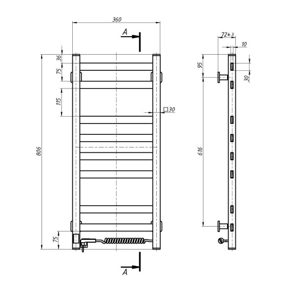 Electric Towel Rail WHITE AVANGARD Sensor 360х800 right