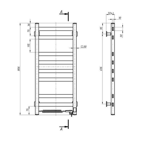 Electric Towel Rail WHITE AVANGARD Sensor 360х800 left