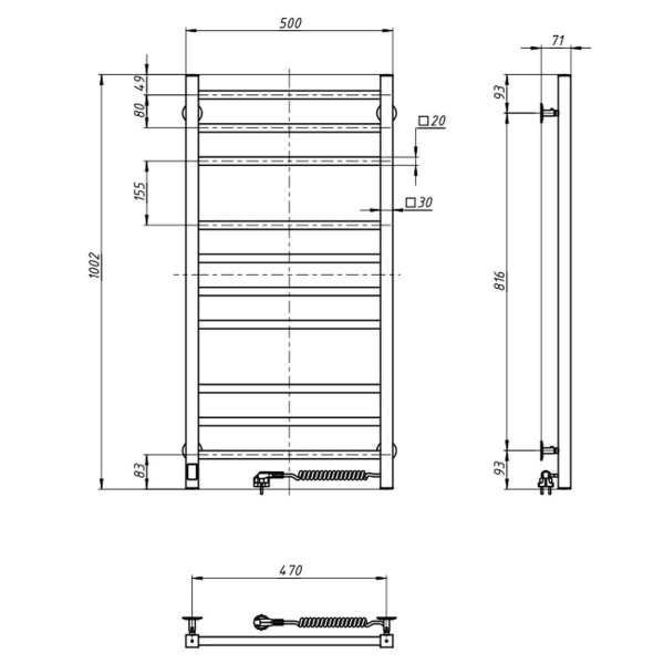 Stainless Steel Electric Towel Rail LOFT Sensor 500x1000 right