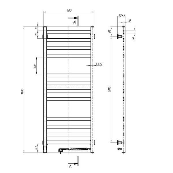 Elektryczny grzejnik łazienkowy NAVIN Avangard 480х1200 Sensor, biały, prawy, timer