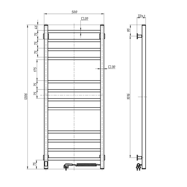 Electric Towel Rail WHITE LOFT Sensor 500x1200 right