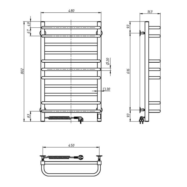 Electric Towel Rail BLACK GRANDIS Sensor 480х800 left