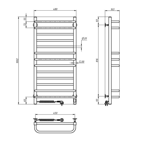 Electric Towel Rail BLACK GRANDIS Sensor 480х1000 left