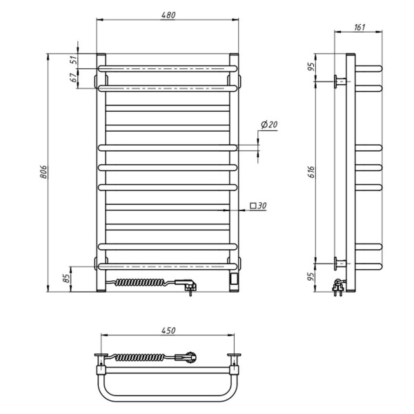 Electric Towel Rail WHITE GRANDIS Sensor 480x800 left