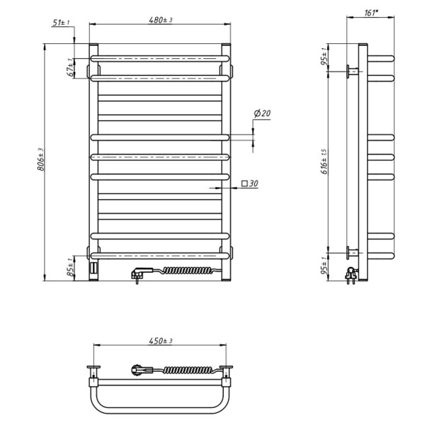 Electric Towel Rail WHITE GRANDIS Sensor 480x800 right