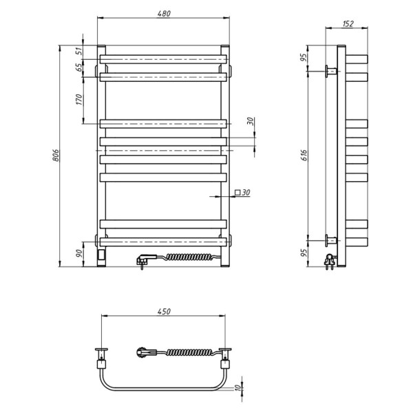 Electric Towel Rail BLACK NAVIN STUGNA 480х800 Sensor right