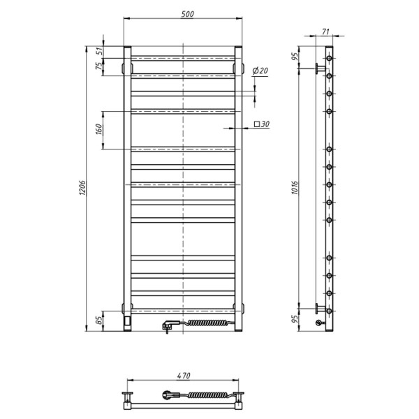 Elektryczny grzejnik łazienkowy Navin Classic Quadro 500х1200 Sensor prawa, timer, biały