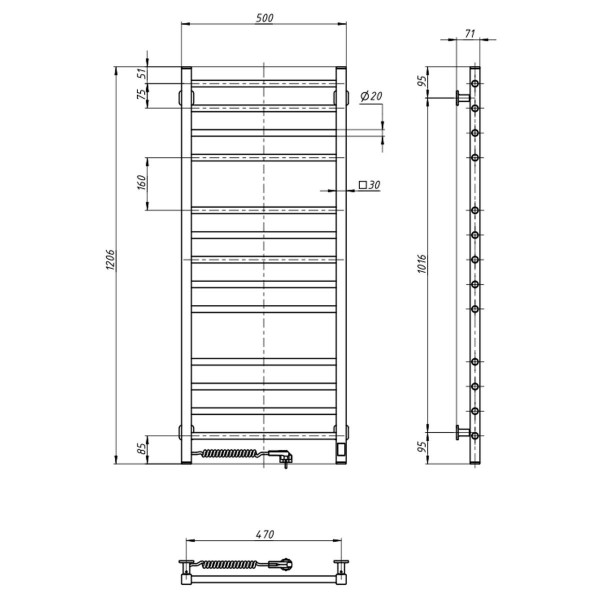 Electric Towel Rail WHITE CLASSIC QUADRO Sensor 500х1200 left