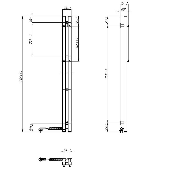 Elektryczny grzejnik łazienkowy Silouette Quadro 90х1200 Sensor prawa, czarny