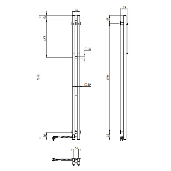 Elektryczny grzejnik łazienkowy Silouette Quadro 90х1500 Sensor prawa, czarny