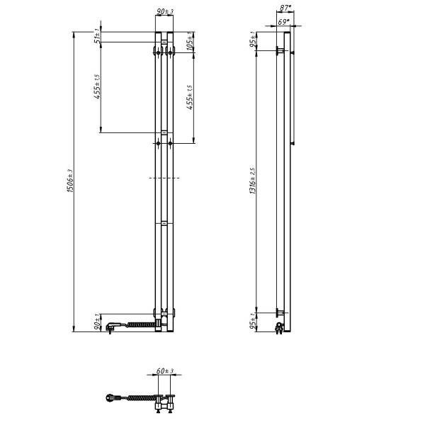 Elektryczny grzejnik łazienkowy Silouette Quadro 90х1500 Sensor prawa, czarny