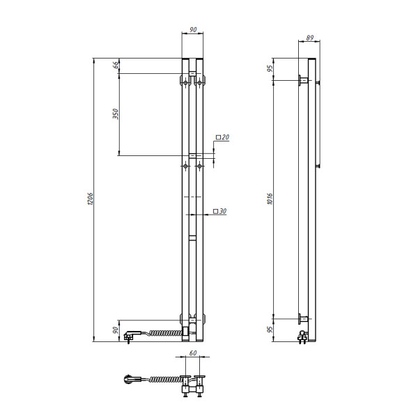 Elektryczny grzejnik łazienkowy Silouette Quadro 90х1200 Sensor prawa, biały