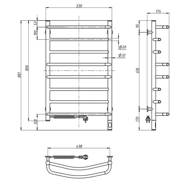 Electric Towel Rail WHITE OMEGA Sensor 530х800 left