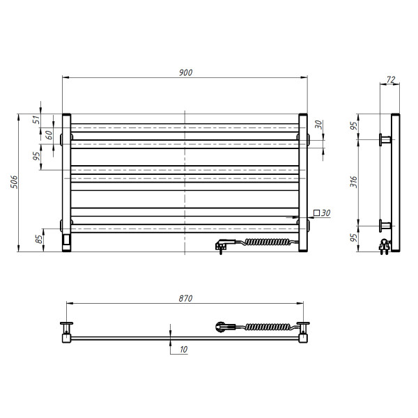 Electric Towel Rail BLACK AVANGARD Sensor 900х500 right