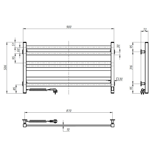 Electric Towel Rail BLACK AVANGARD Sensor 900х500 left